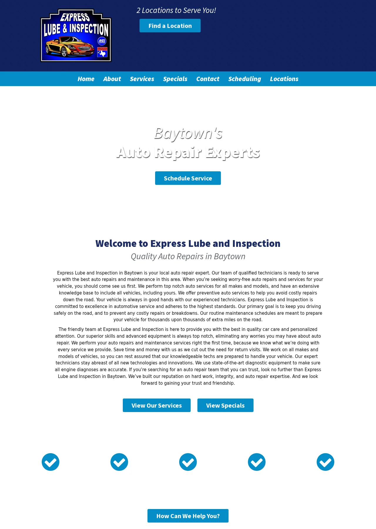 Header and introductory content from the current Express Lube and Inspection homepage